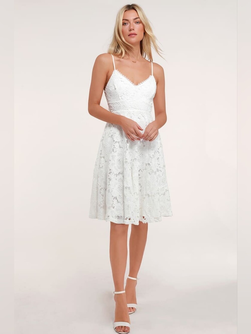 Lulus White Lace A-Line Spaghetti Strap Midi Dress, Size Small